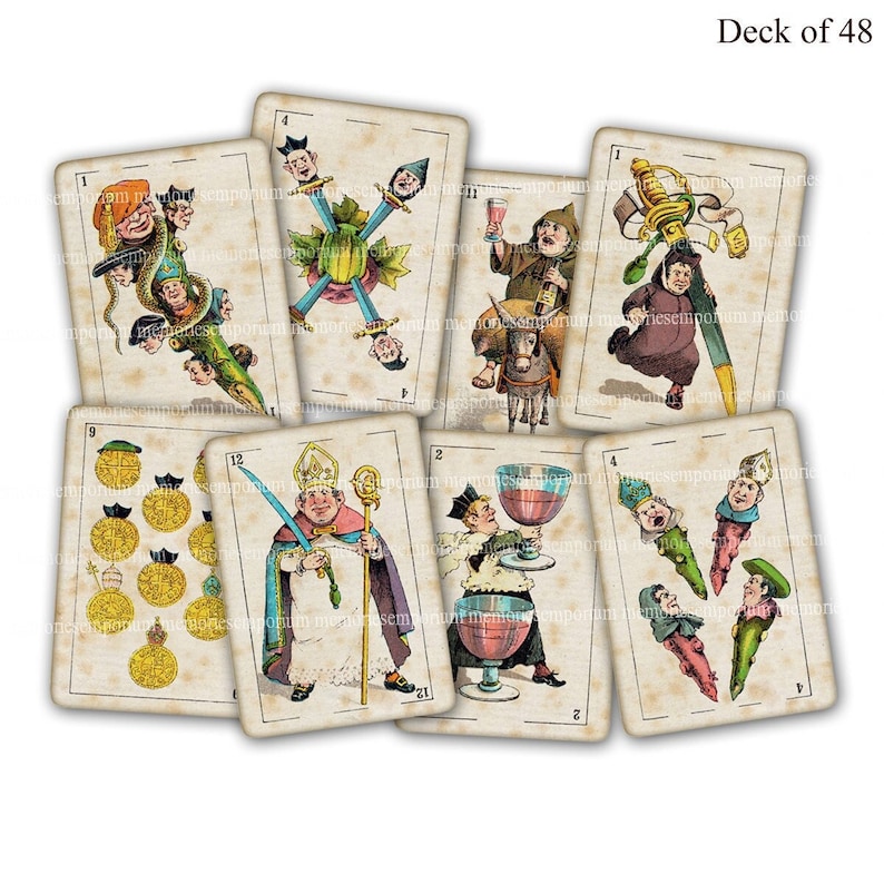 May include: A deck of 48 playing cards featuring colorful illustrations of people and objects. The cards are numbered 1, 2, 4, 9, and 12. The deck is titled "Deck of 48".