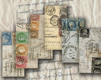 French Stamps Paris Postmarks Handwriting 1x2 inch for Domino Tiles Jewelry Bezels Pendant Decoupage Digital Collage Sheet Download 129