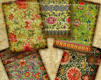 Antique Chinese Floral Pattern Backgrounds Oriental Paper Old Decoupage ATC ACEO Tags Flowers Asian Symbols Shabby Chic Collage Sheet 319