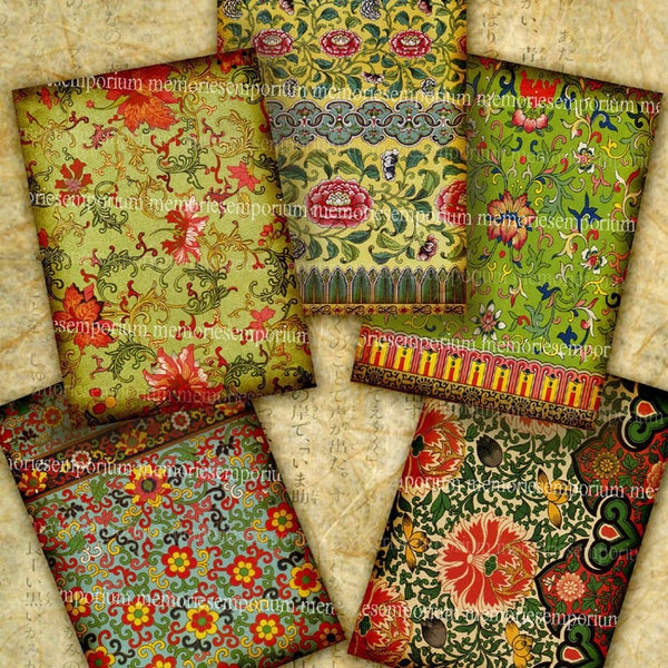 Antique Chinese Floral Pattern Backgrounds Oriental Paper Old Decoupage ATC ACEO Tags Flowers Asian Symbols Shabby Chic Collage Sheet 319