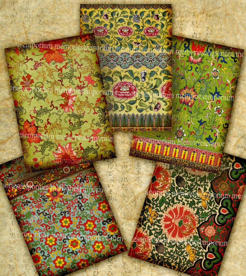 Antique Chinese Floral Pattern Backgrounds Oriental Paper Old Decoupage ATC ACEO Tags Flowers Asian Symbols Shabby Chic Collage Sheet 319 image 1