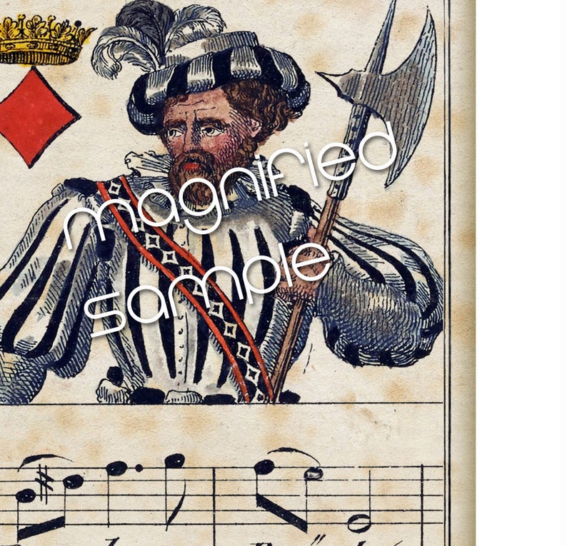 Puede incluir: Una carta de juego vintage que representa el Jack of Diamonds. La carta representa a un hombre con una camisa a rayas y un sombrero sosteniendo una alabarda. La carta est&aacute; rodeada por un borde decorativo.