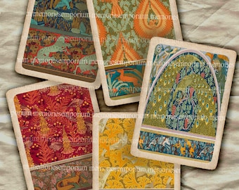 May include: Five vintage cards featuring different floral patterns. The designs include peacocks, birds, and other animals. The cards are in shades of red, green, blue, yellow, and orange.