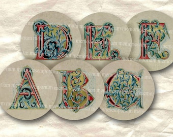 Antique Alphabet One Inch Circles ABC Inchies for Jewelry Pendant Bezels Buttons Bottlecaps Digital Collage Download Sheet 081