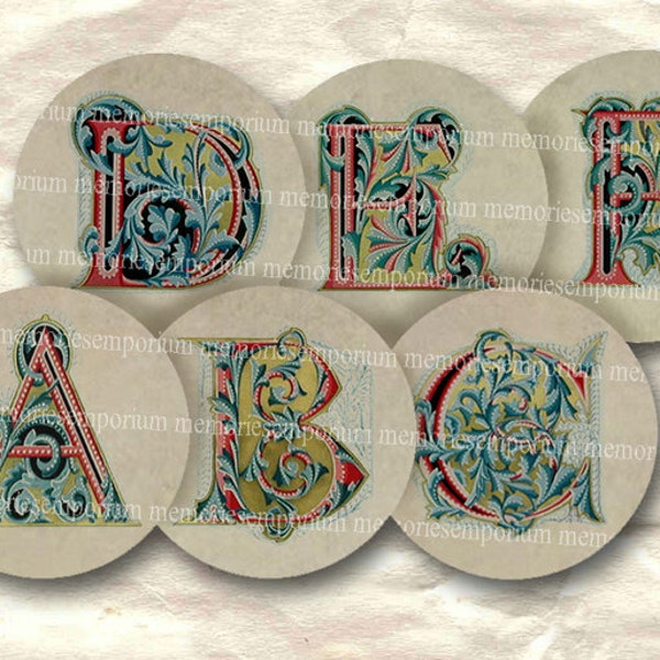 Alphabet antique un pouce cercles ABC Inchies pour Bijoux Pendentif Lunettes boutons capsules numérique Collage Télécharger fiche 081