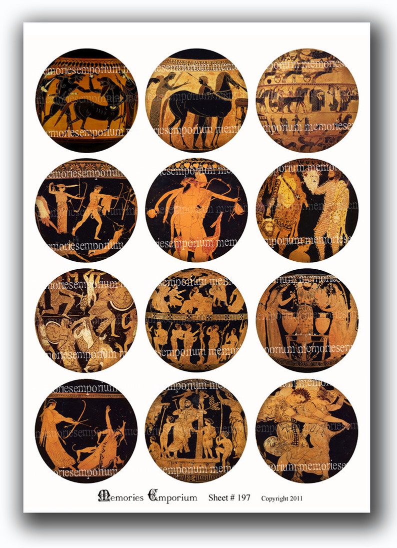 K&ouml;nnte beinhalten: Zw&ouml;lf runde schwarze und goldene Keramikfliesen mit Bildern antiker griechischer Keramikdesigns. Die Designs zeigen Figuren von Menschen, Tieren und Objekten.