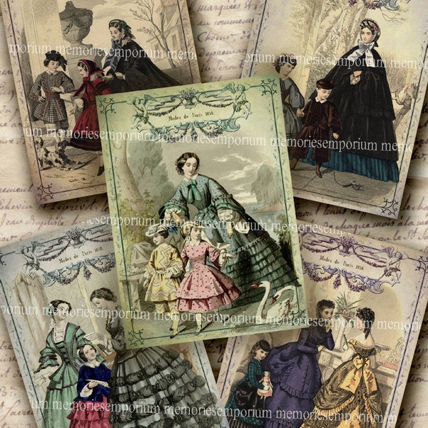 French Fashion Antique Modes de Paris Dresses ATC ACEO Women Children Clothes 1800s Decoupage Clothing Printable Digital Collage Sheet 311