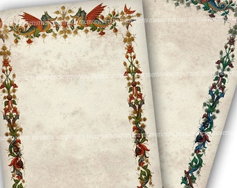 Drachenpapier Antikes Briefpapier beleuchtet druckbare digitale Download-Seiten für Hochzeiten Partys Einladungen Renaissance Drachen Border 718