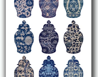 Chinois bleus et blancs motif Silhouettes de pots à couvercle Collage feuille asiatique Oriental conceptions pour papier découpage albums revues 502