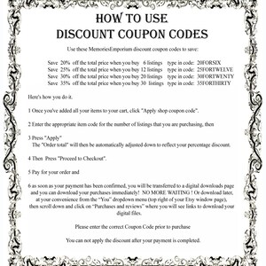 May include: A white and black graphic with a decorative border. The text "HOW TO USE DISCOUNT COUPON CODES" is in bold black letters. The text explains how to use discount codes for purchases of 6, 12, 20, and 30 listings. The discount codes are 20FORSIX, 25FORTWELVE, 30FORTWENTY, and 35FORTHIRTY.