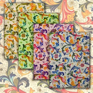 Puede incluir: Cuatro hojas de papel digital con un patrón repetido de diseños florales coloridos. Los diseños son intrincados y presentan remolinos, hojas y flores en tonos de rojo, amarillo, verde, azul y morado.