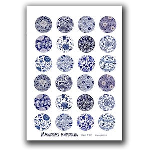 May include: A sheet of 25 blue and white patterned circle stickers. The circles feature a variety of floral and geometric designs. The sheet is labeled "Memories Emporium, Sheet # 805, Copyright 2016".