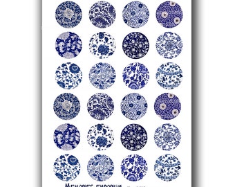 Blue and White Circles Asian Digital Download Printable Clipart Chinese Floral Pattern Designs for Magnets Knobs Decoupage 1.5 Inch 805