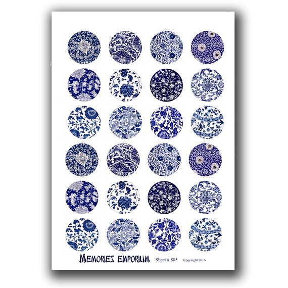 Blue and White Circles Asian Digital Download Printable Clipart Chinese Floral Pattern Designs for Magnets Knobs Decoupage 1.5 Inch 805