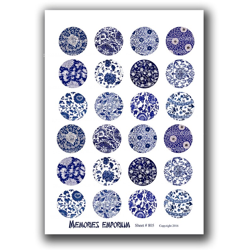 May include: A sheet of 25 blue and white patterned circle stickers. The circles feature a variety of floral and geometric designs. The sheet is labeled "Memories Emporium, Sheet # 805, Copyright 2016".
