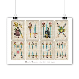 May include: Nine vintage playing cards with illustrations of people and swords. The cards are numbered 1 through 9 and have a light brown background with a faded look. The text "Memories Emporium Sheet # B0741 of 6 Copyright" is at the bottom of the cards.