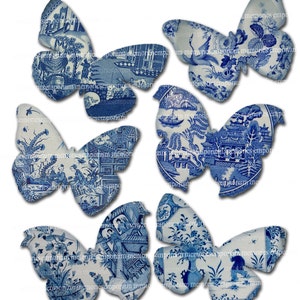 Blue and White Butterflies Decoupage Butterfly Wings China Plates Shapes Chinese Asian Oriental Willow Pattern Printable Collage Sheet 238