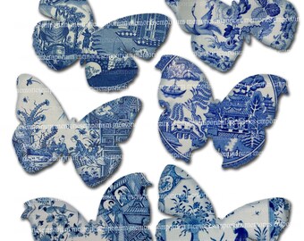 Blue and White Butterflies Decoupage Butterfly Wings China Plates Shapes Chinese Asian Oriental Willow Pattern Printable Collage Sheet 238