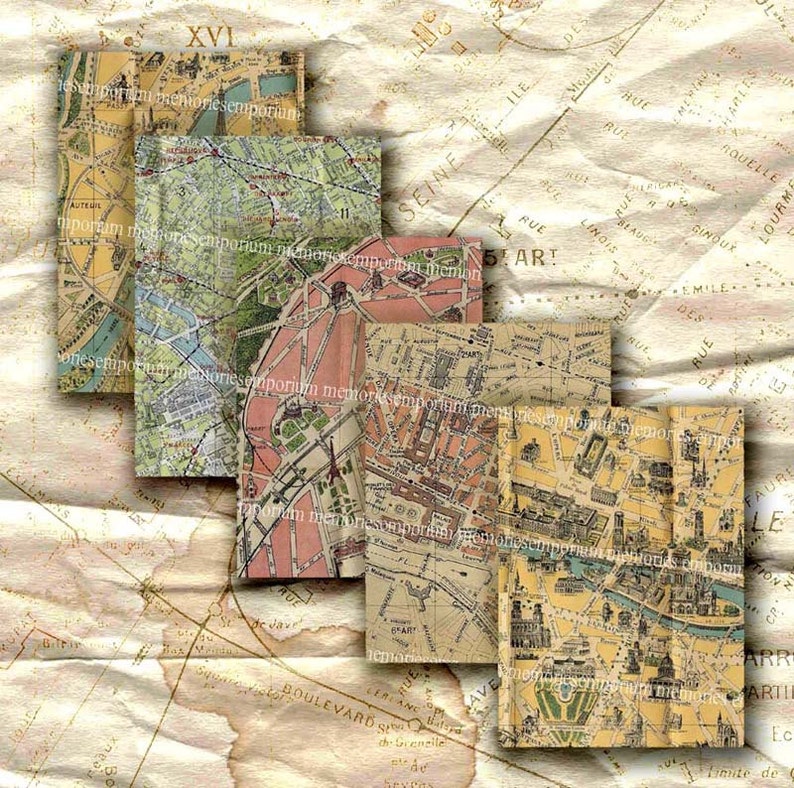 Paris Street Maps Shabby Chic ATC ACEO Decoupage Journal Backgrounds French Tourist Digital Collage Sheet Download 244