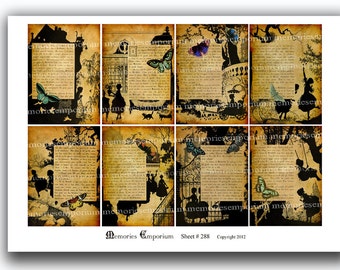 French Children Story Book Storybook Shabby Chic Antique Pages Silhouettes Butterflies ACEO ATC Decoupage Digital Printable Download 288