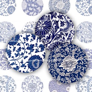 Blue and White Circles Asian Digital Download Printable Clipart Chinese Floral Pattern Designs for Magnets Knobs Decoupage 1.5 Inch 805 image 2