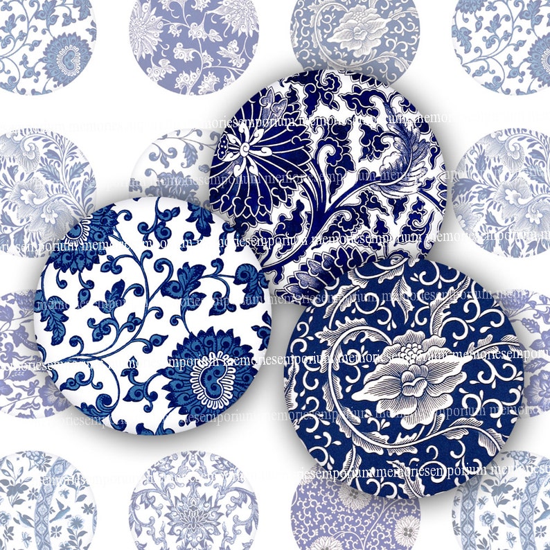 Blue and White Circles Asian Digital Download Printable Clipart Chinese Floral Pattern Designs for Magnets Knobs Decoupage 1.5 Inch 805 image 2