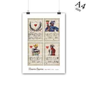 Puede incluir: Una hoja imprimible de cartas de juego vintage que presenta cuatro cartas de una baraja de cartas. Las cartas est&aacute;n en formato collage con un s&iacute;mbolo de coraz&oacute;n rojo en cada carta. Las cartas est&aacute;n dispuestas sobre un fondo de partituras musicales. El texto "Memories Emporium" y "Sheet # 8073 1 of 6 Copyright" est&aacute; en la parte inferior de la hoja.