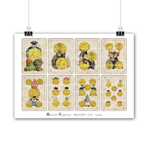 May include: A vintage sheet of 8 printable cards featuring illustrations of people holding gold coins. The cards are numbered 1 through 8 and have a vintage, antique look.