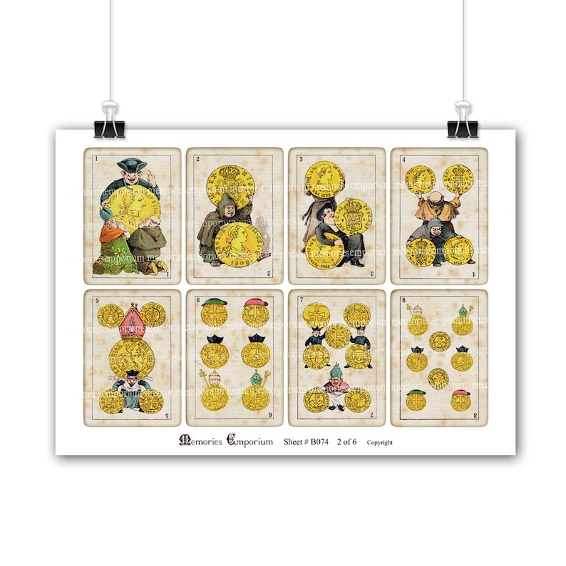 May include: A vintage sheet of 8 printable cards featuring illustrations of people holding gold coins. The cards are numbered 1 through 8 and have a vintage, antique look.