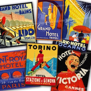 Etiquetas de equipaje imprimibles de descarga instantánea, estilo art déco, para maletas de hotel antiguas, estilo retro, vintage, para viajes turísticos, collage digital de imágenes prediseñadas hs 948