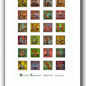 May include: A vintage alphabet chart with colorful letters, each letter is surrounded by a decorative frame and features a small illustration. The letters are A through Z. The chart is titled "Memories Emporium Sheet # 464 Copyright 2013".