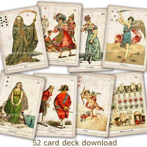 Mazzo di carte La Sibylle des Salons da 52 carte da gioco con immagini di carte da gioco stampabili e scaricabili immediatamente, lettura chiaroveggente francese