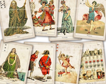 May include: A collection of vintage-style playing cards with illustrations. The cards feature images of figures, scenes, and text, including the words "Mort," "Victoire," and "Maison de ville." The deck is labeled "52 card deck download."