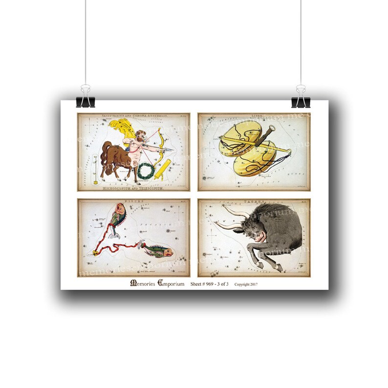 May include: A vintage illustration of four constellations: Sagittarius, Libra, Pisces, and Taurus. Each constellation is depicted with a mythological figure and a star chart. The image is in a light brown frame with the text "Memories Emporium Sheet # 969 - 3 of 3 Copyright 2017".
