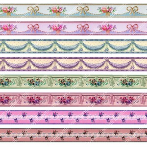Florale Streifen Grenzen Kanten Papiere Wallpaper alte Scrapbooking Antik Pastell Decoupage Blumen mit Quasten und Bögen Collage Sheet wp 443