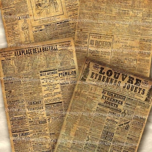 Jornais Shabby Old Paris Tamanho de cartão postal Papéis Chic Decoupage Fundos de jornal França Grunge Folha de colagem para impressão Download 198