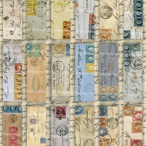 May include: A digital collage of vintage postcards and envelopes with handwritten text and stamps. The postcards and envelopes are in various shades of brown, blue, and red. The text on the postcards and envelopes is in a variety of fonts and styles. The stamps are from different countries and time periods.