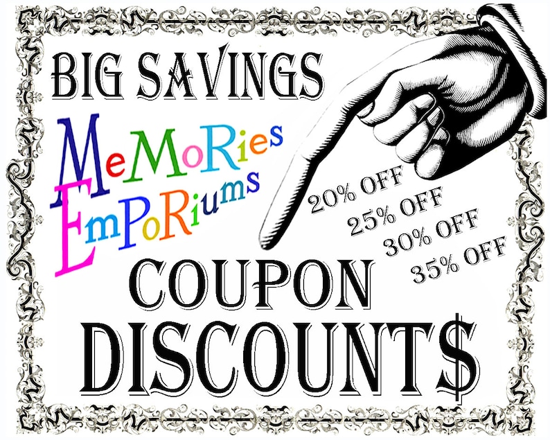 May include: A black and white illustration of a hand pointing to a coupon with the text "BIG SAVINGS" and "COUPON DISCOUNTS$". The coupon offers discounts of 20%, 25%, 30%, and 35% off.