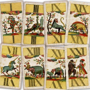 May include: A collection of antique tarot cards featuring illustrations and Roman numerals. The cards have a yellow background with colorful images of figures, animals, and scenes. The cards are arranged in a grid, showcasing the variety of designs.