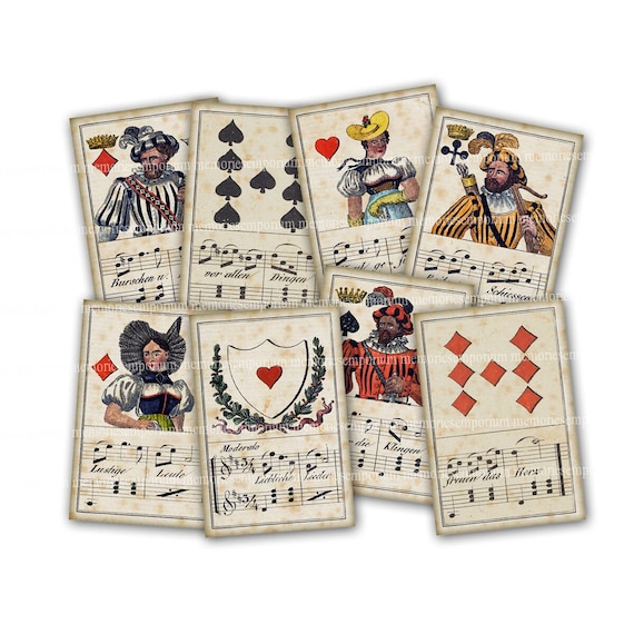 Musical Playing Card Game Printable Download Antique German 19th Century Deck for Journaling Scrapbook Clipart