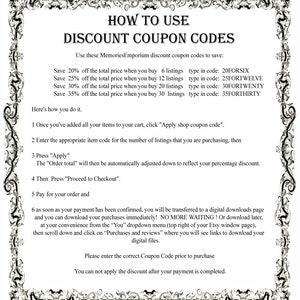 Puede incluir: Un gr&aacute;fico blanco y negro con un borde decorativo. El texto "HOW TO USE DISCOUNT COUPON CODES" est&aacute; en negrita en color negro. El gr&aacute;fico proporciona instrucciones sobre c&oacute;mo usar los c&oacute;digos de descuento para compras de 6, 12, 20 y 30 listados. Los c&oacute;digos de descuento son 20FORSIX, 25FORTWELVE, 30FORTWENTY y 35FORTHIRTY.