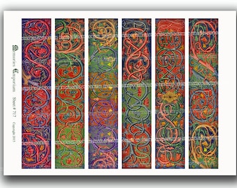 Marcadores iluminados Medieval Digital Hoja de Papel imprimible Libros Amantes Biófilos Strip Patrón DIY Libro Marca Iluminación Diseño 717