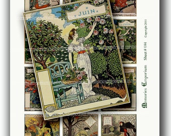 Art Nouveau French Garden Calendar Pages Antique Decoupage Seasons Months 2 x 2.5 inches Digital Collage Sheet Instant Download 094