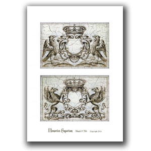Griffins Vultures Emblema heráldico Armorial Cartão postal medieval Shabby Chic Papelaria Convite para festa Decoupage Papel para impressão Clipart 784