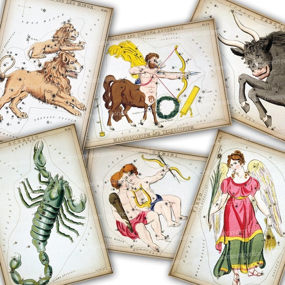 Zodiac Star Signs Horoscope Astrology Printable Download Sky Maps Celestial Constellations Planets Universe Decoupage Antique Postcards 969