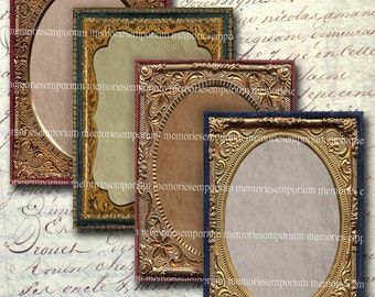 May include: Four ornate gold picture frames with a vintage look. The frames are in various sizes and have different designs. The frames are on a background of old paper with writing.