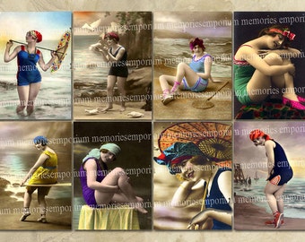 Beach Bathing Beauties Clipart Vintage Swimming Suits Costumes Printable Download Sea Sand Digital Collage Sheet ACEO ATC Decoupage 021