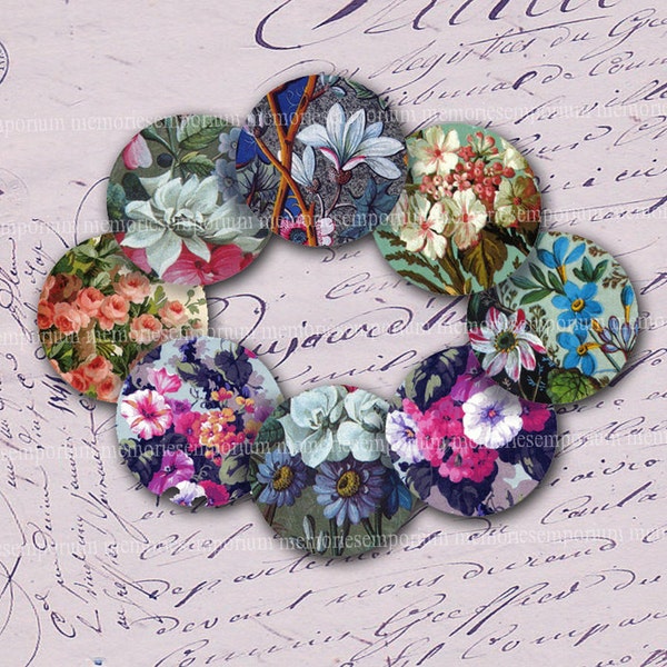 Victorian Floral Inchies Circles One 1 Inch Antique Decoupage for Pendant Bezels Bottlecap Buttons Jewelry Digital Collage Sheet 077