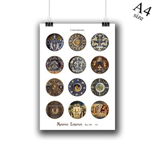 May include: A printable sheet of 12 round images, each 2 inches in diameter, featuring vintage blue and gold ceramic plates with intricate designs. The sheet is titled "Memories Emporium" and includes the text "Since Art 2013".