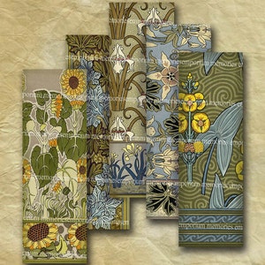 May include: A digital collage of vintage botanical illustrations featuring various flowers and plants. The images are in shades of green, blue, and yellow, and feature intricate details and patterns.